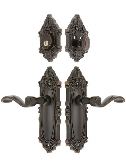 Grandeur Grande Victorian Entrance Door Set, Keyed Alike with Portofino Levers in Oil-Rubbed Bronze.
